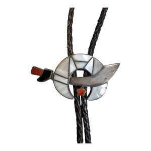 Zuni Abalone Inlay Bolo Tie Coral Mother Of Pearl Sterling Masonic Shriners 1970